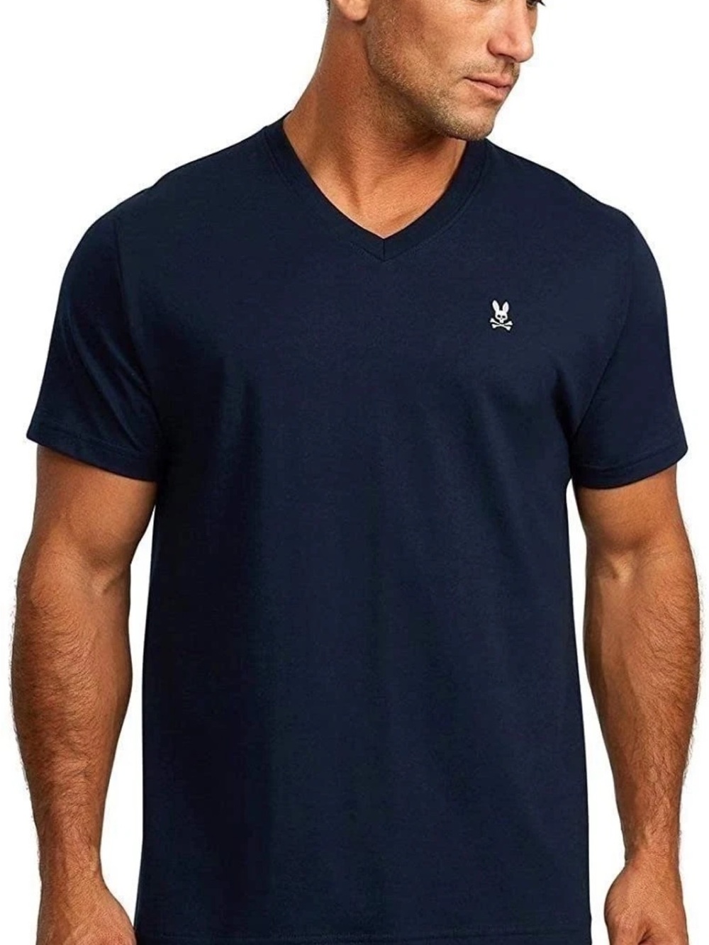 Psycho Bunny Men's Classic Navy V-Neck Tee with White Logo. EU 5/Medium